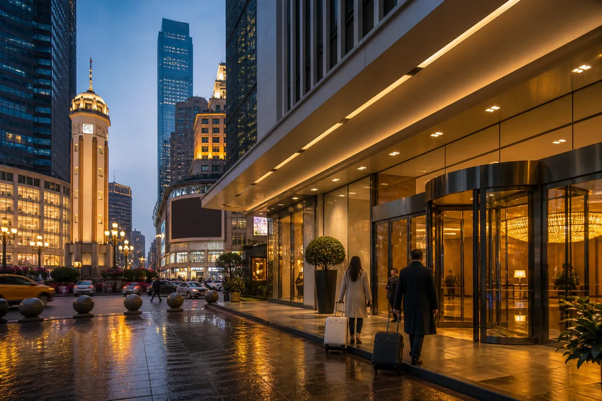 Illustrative upscale hotel arrival in central Jiefangbei at dusk