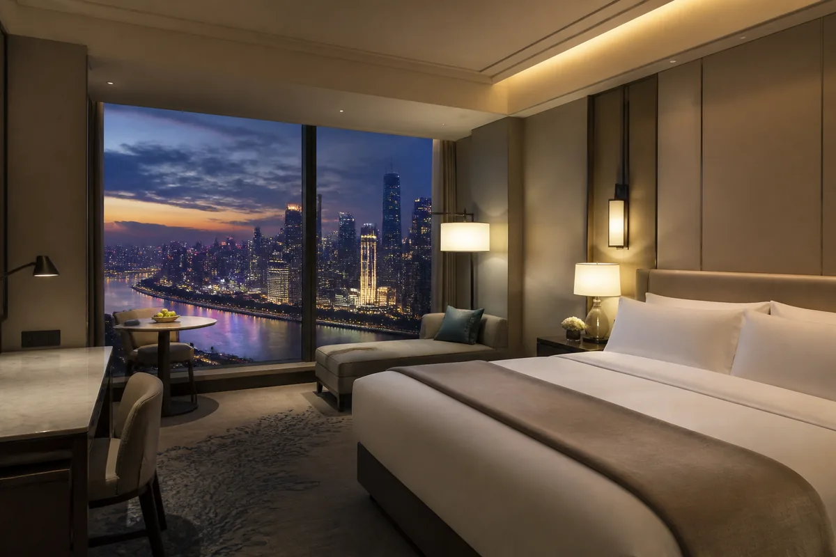 Illustrative luxury guest room with a Chongqing river and skyline view