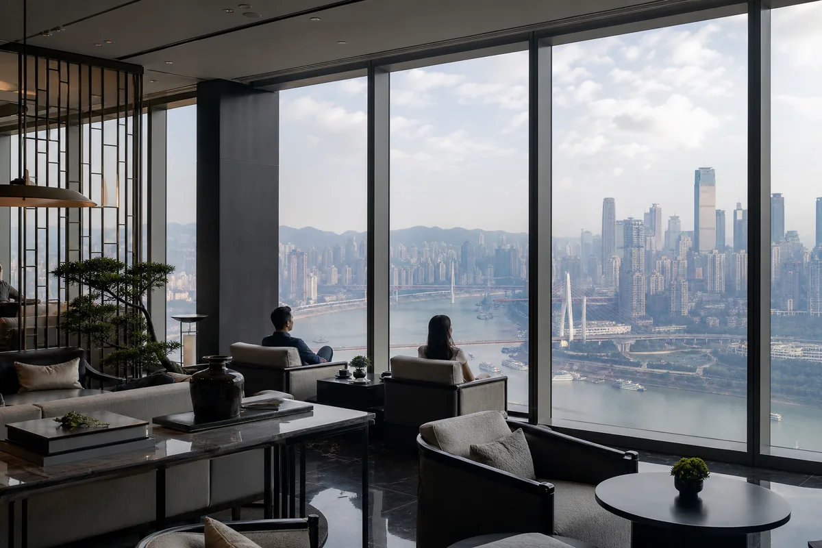 Illustrative design-luxury lounge overlooking the rivers from Jiangbeizui