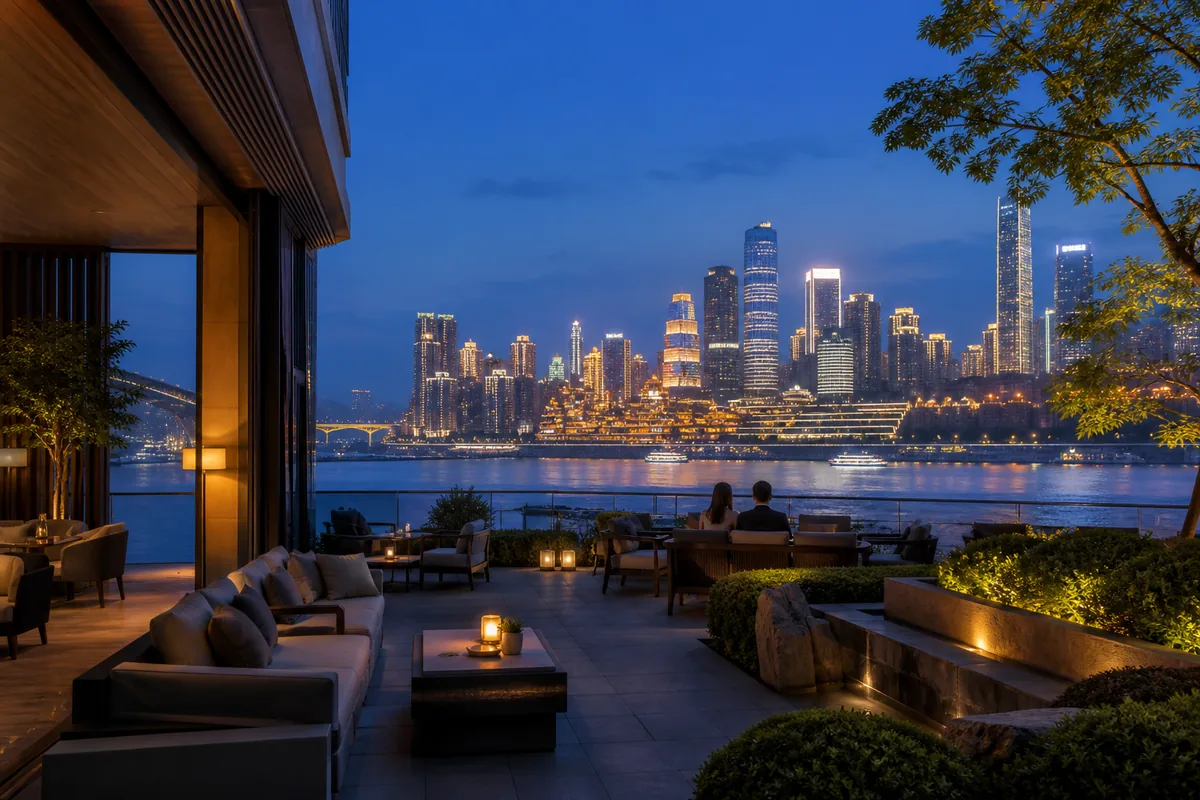 Illustrative quiet luxury terrace facing the Chongqing riverfront at blue hour
