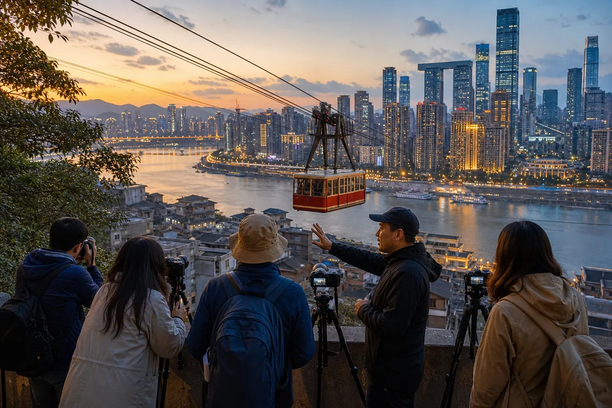 Illustrative photography guide helping travelers frame the Yangtze cable car at blue hour