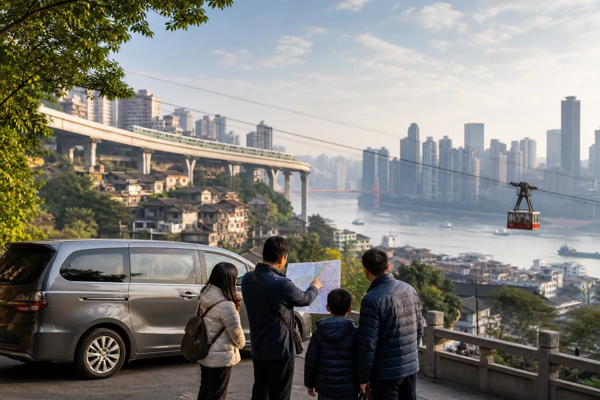 Illustrative private guide and family-sized group planning a Chongqing highlights day beside an unbranded minivan