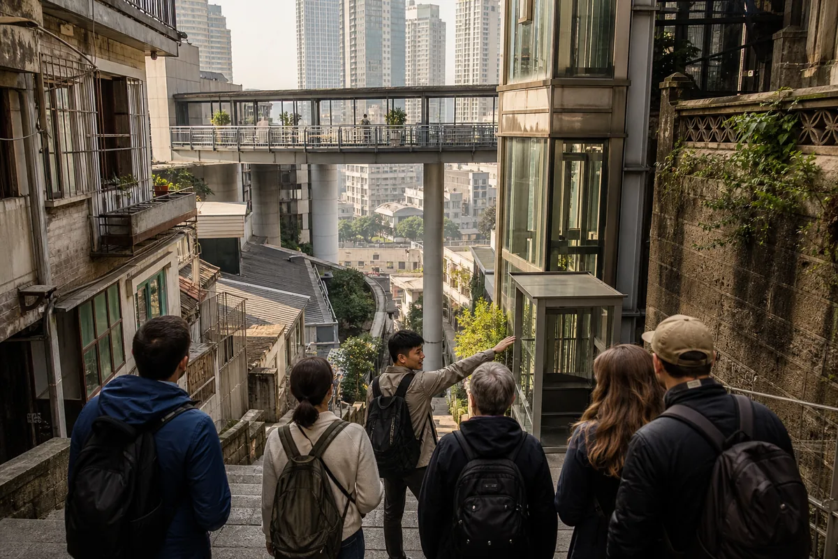 Illustrative guide leading travelers through Chongqing stairs, elevators and multi-level walkways