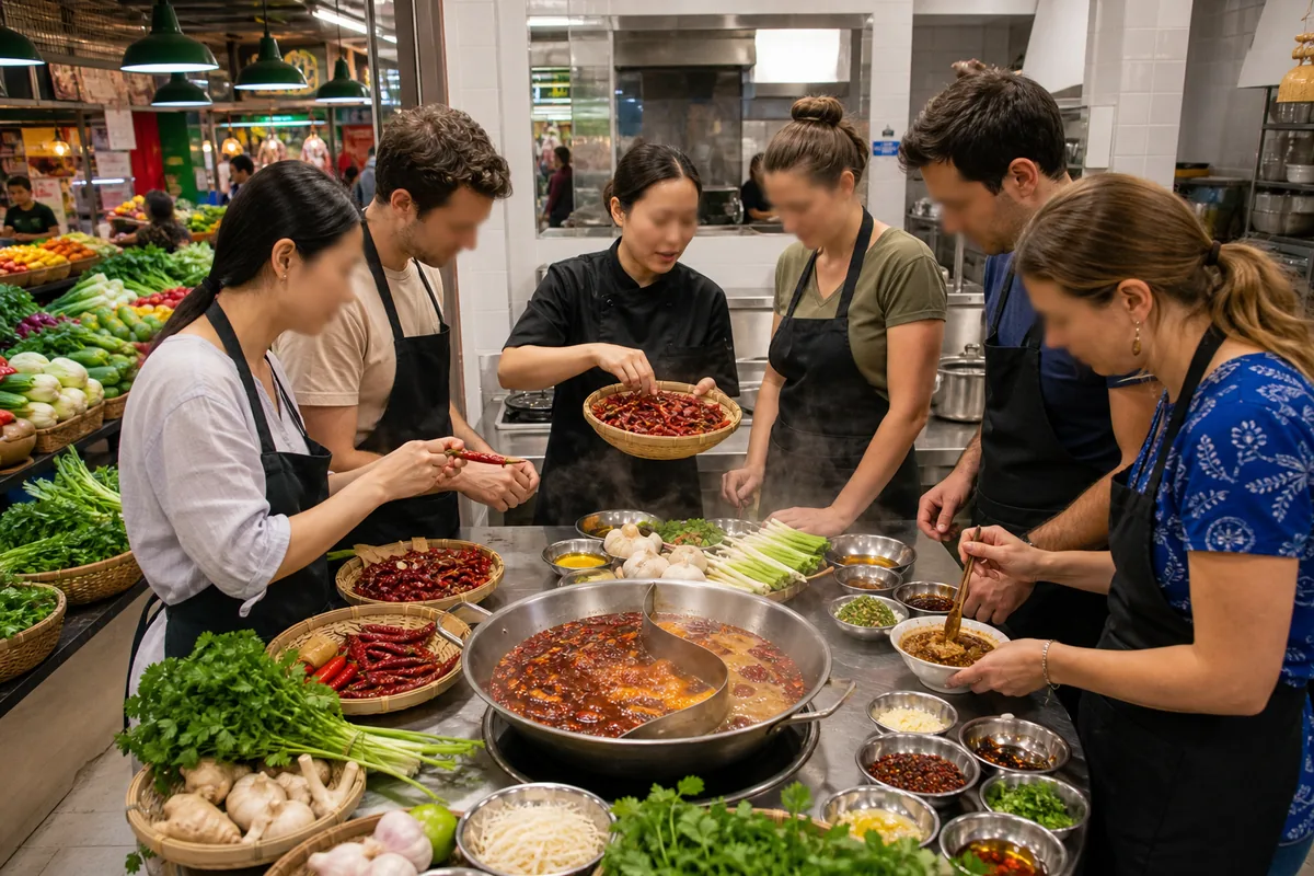 Illustrative cooking instructor guiding travelers through market ingredients and Chongqing hotpot