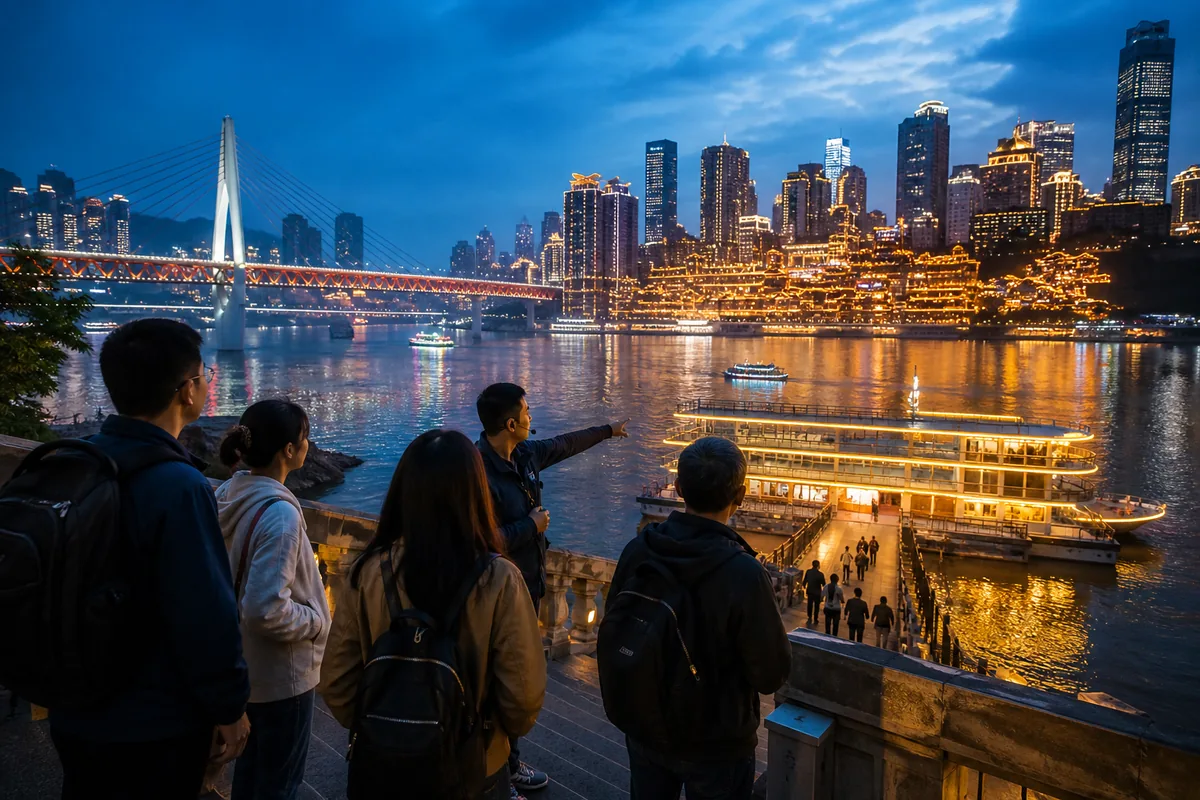 Illustrative guided group overlooking Chongqing night lights before boarding a river cruise