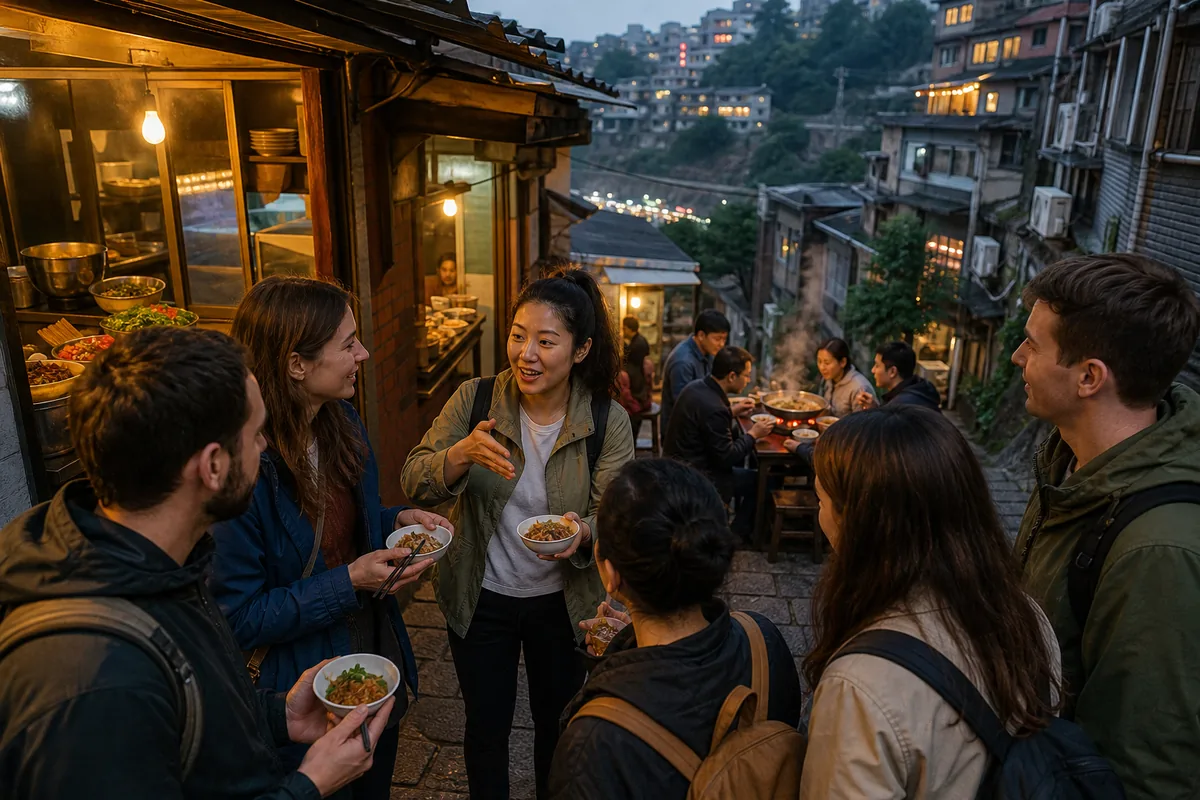 Illustrative local guide sharing Chongqing noodles and snacks with a small evening food-tour group