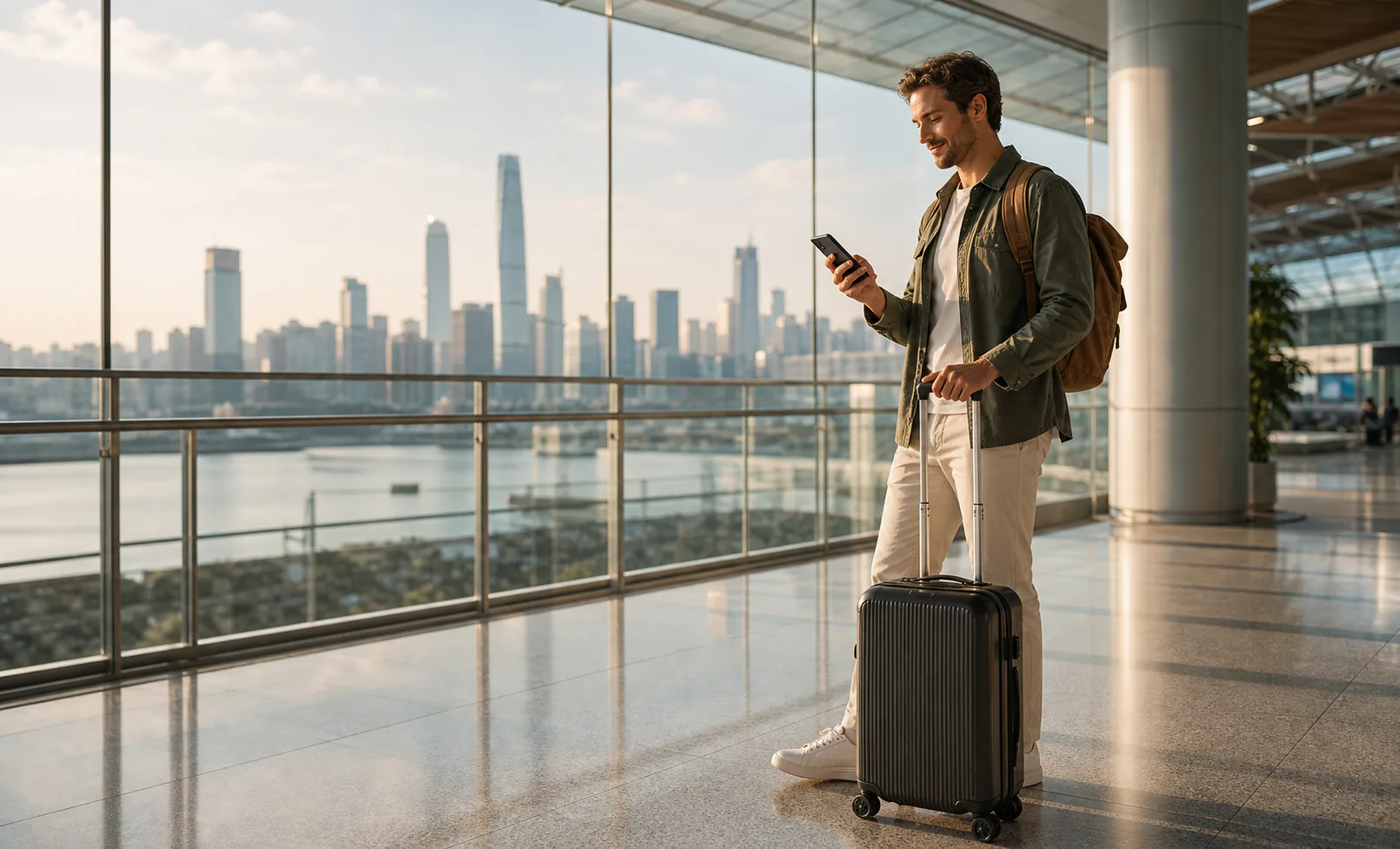 An international traveler checking a phone beside a suitcase at a modern airport in China
