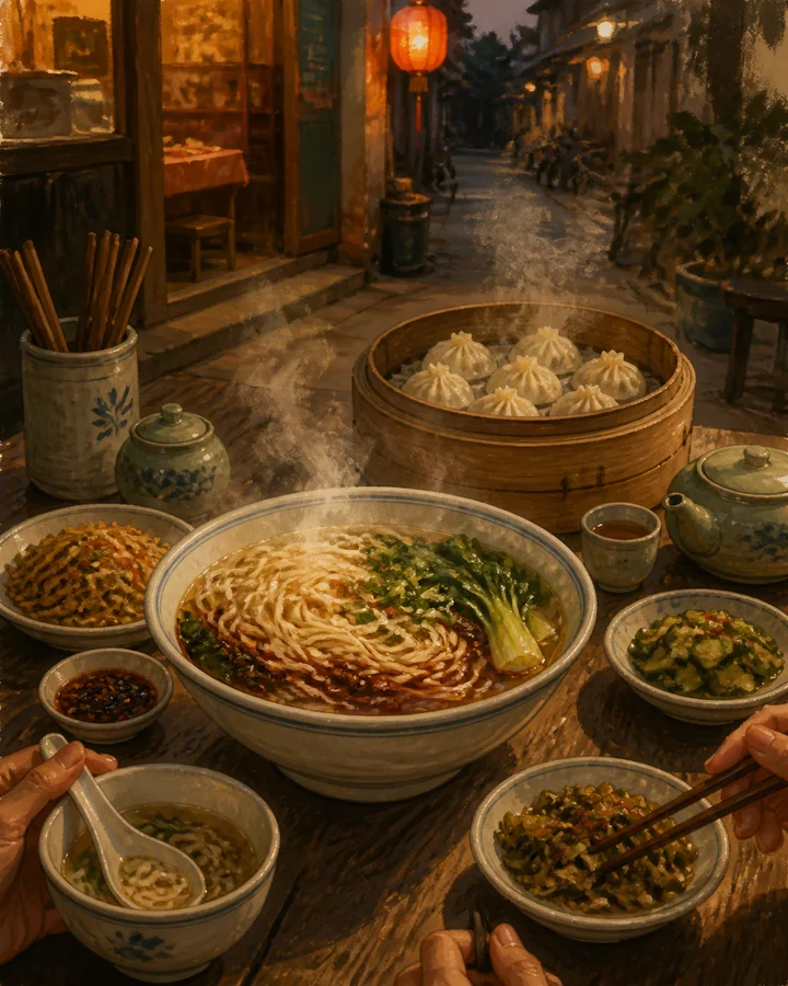 Editorial illustration of noodles, dumplings and shared dishes at a neighborhood table