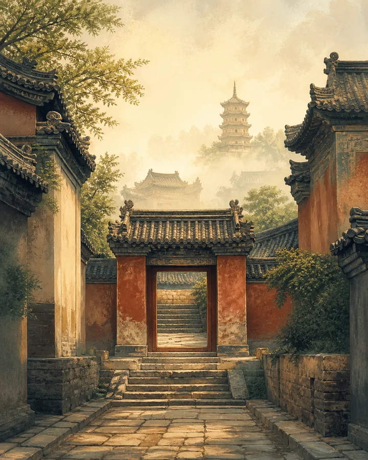 Editorial illustration of a historic tiled-roof courtyard and pagoda in morning mist