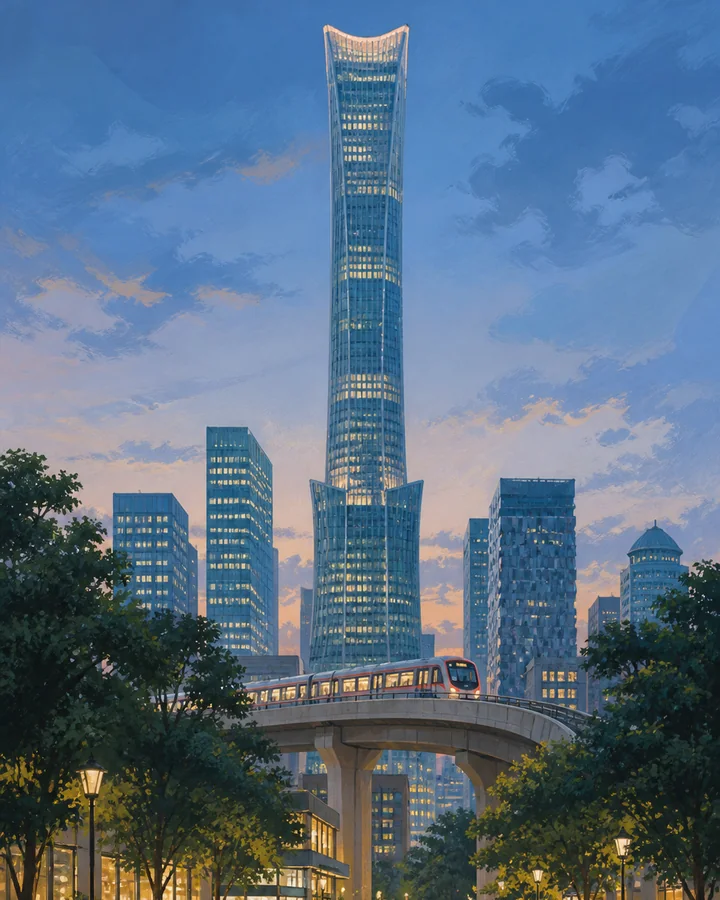 Editorial illustration of a modern Chinese skyline and elevated metro at blue hour