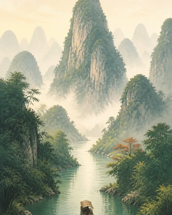 Editorial illustration of a jade river winding through misty karst mountains