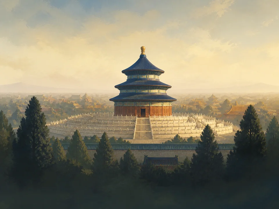 Editorial illustration of Beijing’s Temple of Heaven above a cypress-framed stone terrace