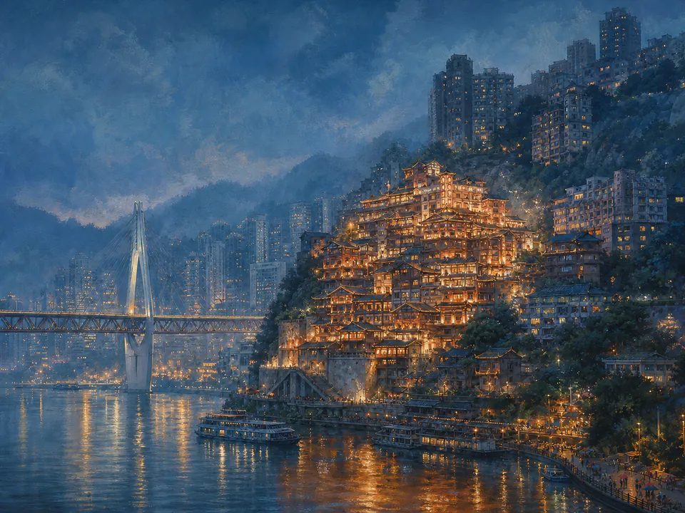 Editorial illustration of Chongqing’s illuminated hillside skyline above the river at blue hour