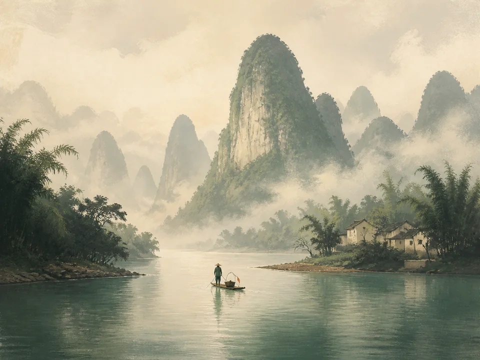 Editorial illustration of a bamboo raft on Guilin’s misty Li River