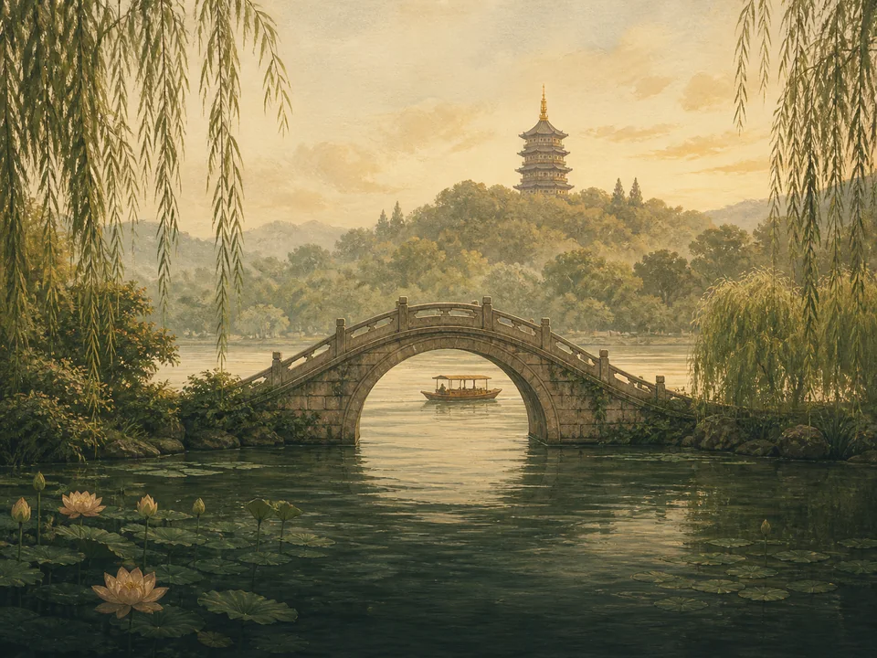 Editorial illustration of a stone bridge, boat and pagoda at Hangzhou’s West Lake