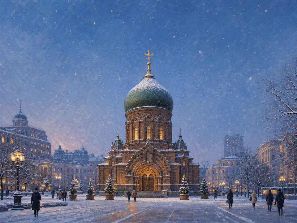 Editorial illustration of Harbin’s Saint Sophia Cathedral in a blue-hour snow scene