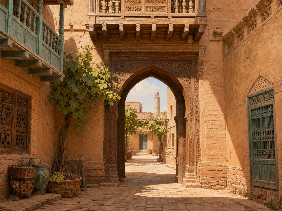 Editorial illustration of a carved gateway in Kashgar’s sunlit old town