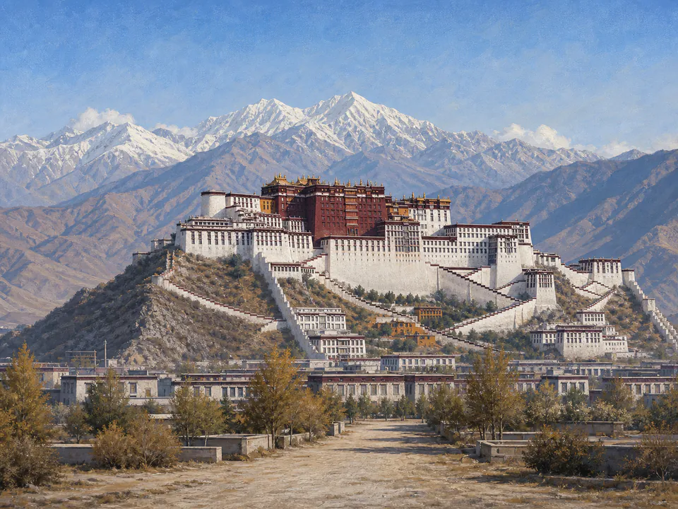 Editorial illustration of the Potala Palace rising above Lhasa and the Tibetan plateau