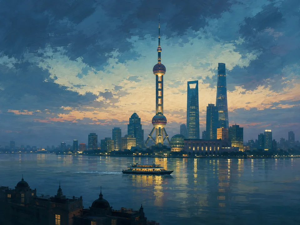 Editorial illustration of Shanghai’s skyline and river ferry at blue hour