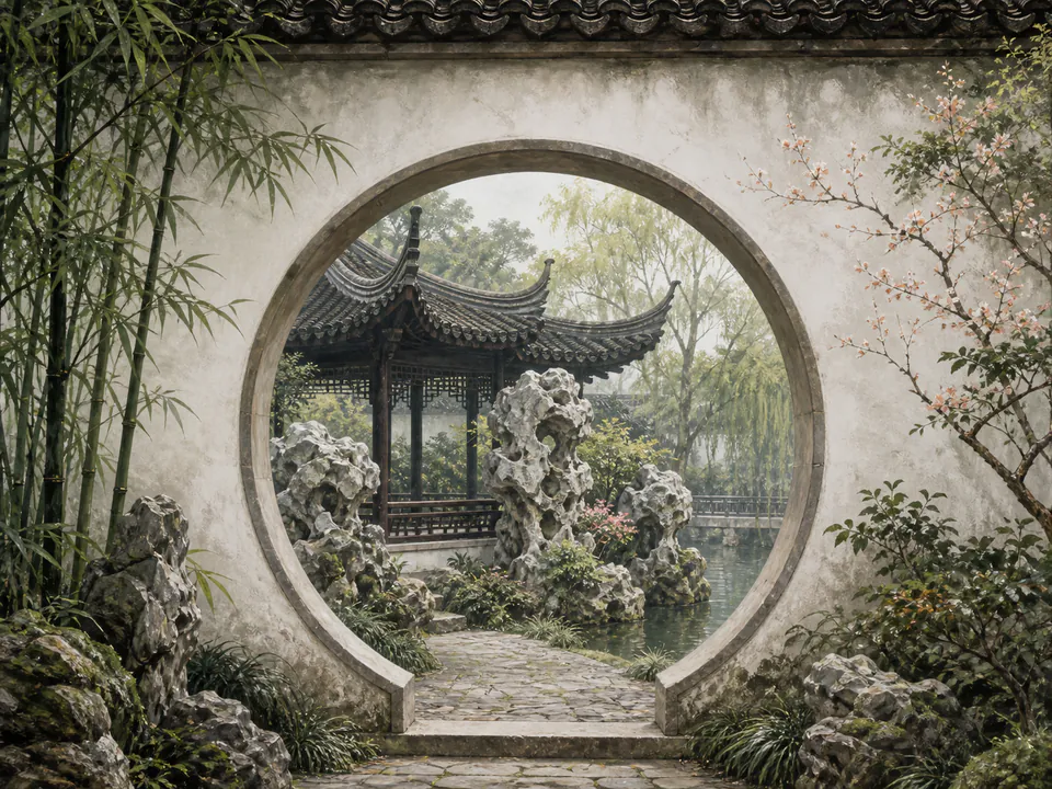 Editorial illustration of a moon gate framing a classical Suzhou garden