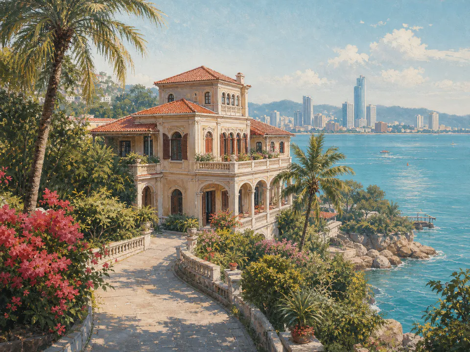 Editorial illustration of a Gulangyu villa and subtropical garden overlooking Xiamen harbor