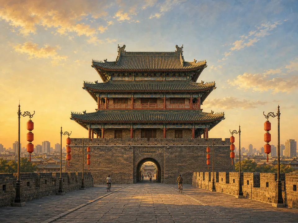 Editorial illustration of Xi’an’s ancient city wall gate in golden evening light