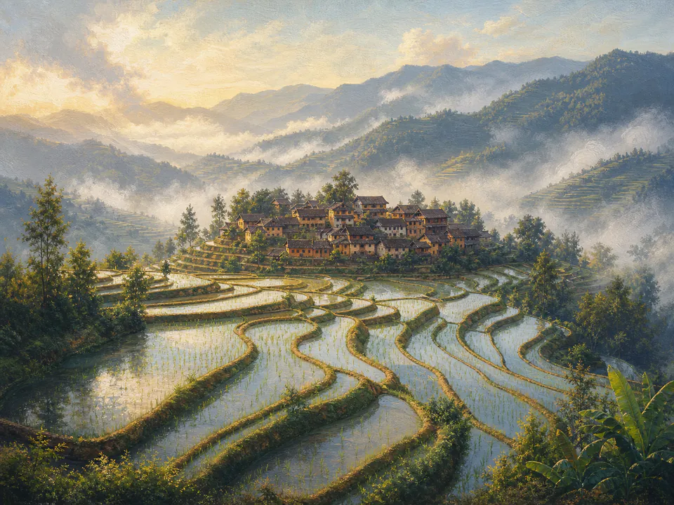 Editorial illustration of Yunnan rice terraces and a mountain village at sunrise