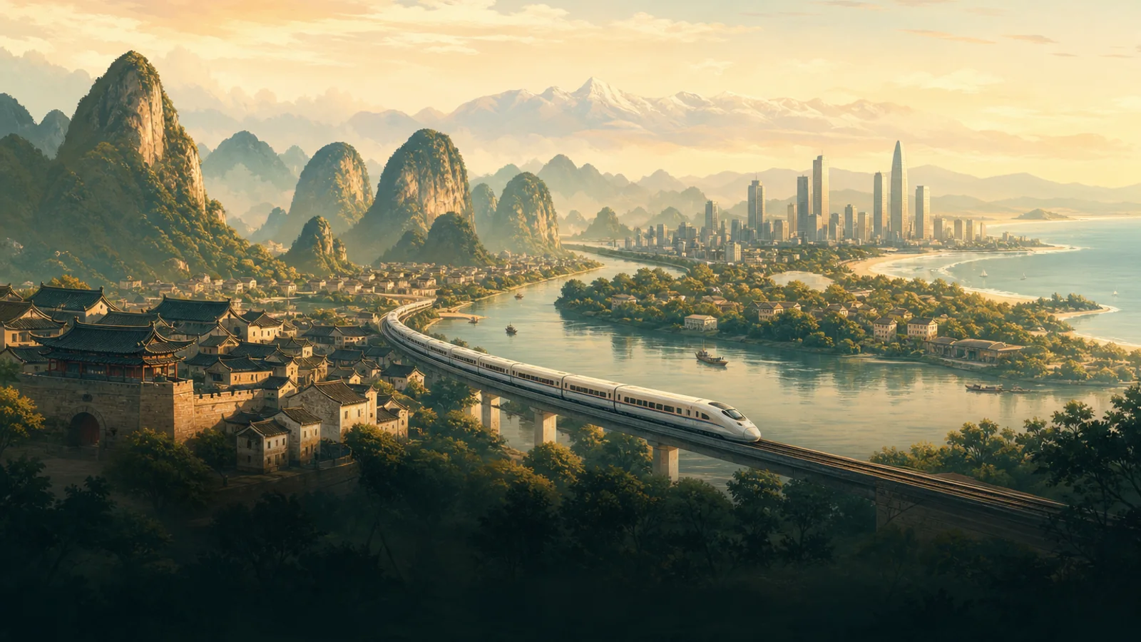 Editorial illustration of a high-speed train linking historic roofs, karst mountains, a modern skyline and the coast